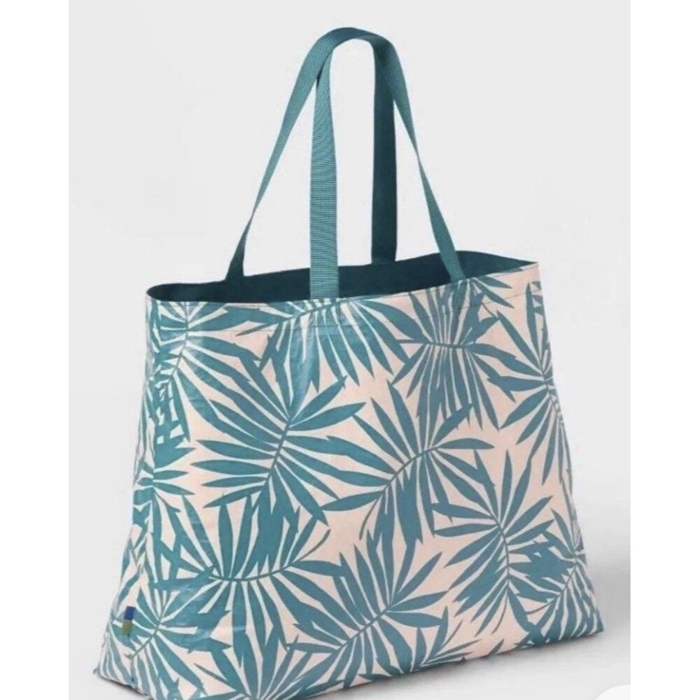 OPEN STORY WATER RESISTANT REVERSIBLE TOTE BAG - PALM DESIGN - TEAL/TAN